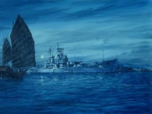 USS Los Angeles at anchor in Hong Kong one year later, by artist Wayne Scarpaci.